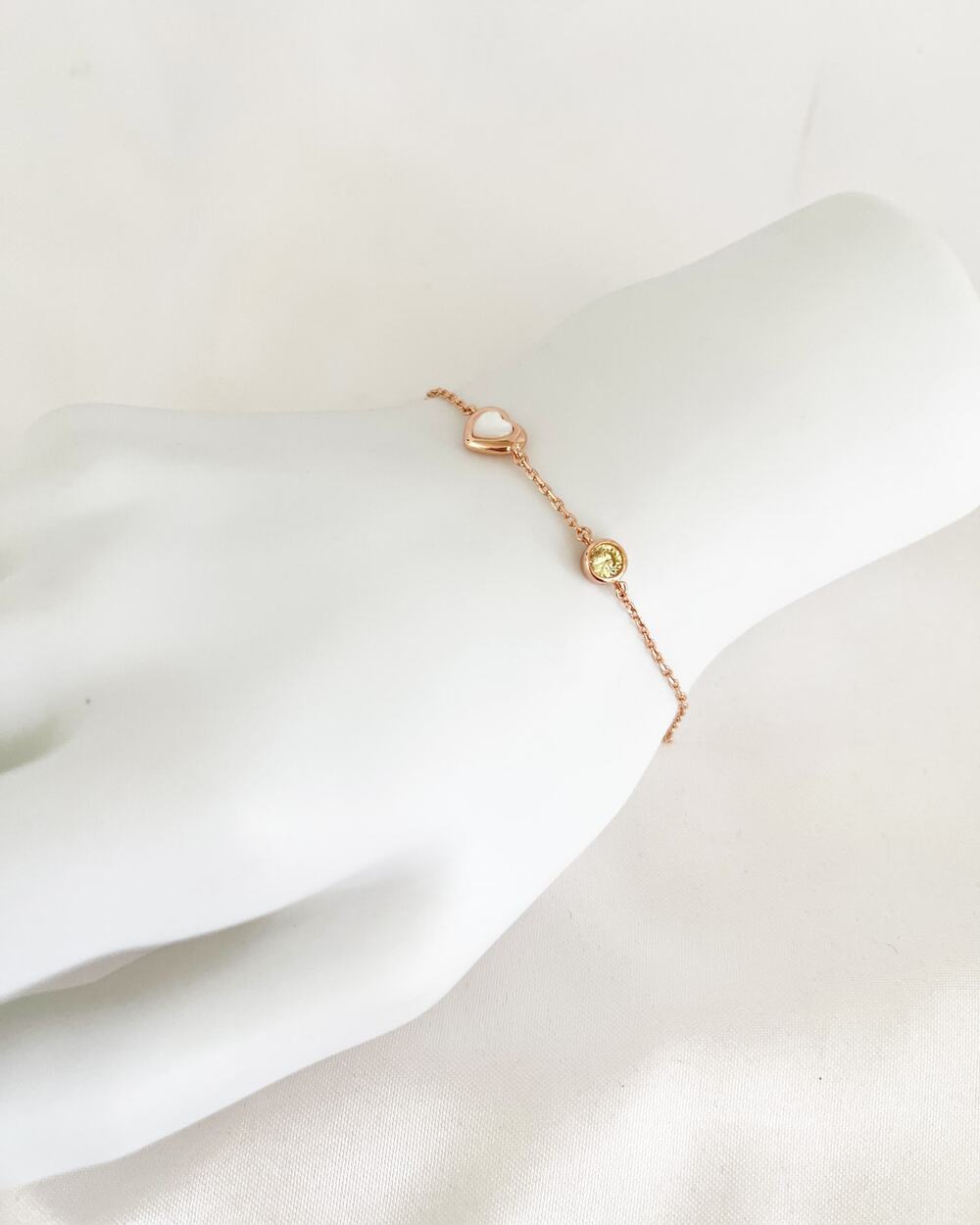 ROSE GOLD Mother Of Pearl Bracelet Heart Charm Bezel Set Crystal S925 Dainty